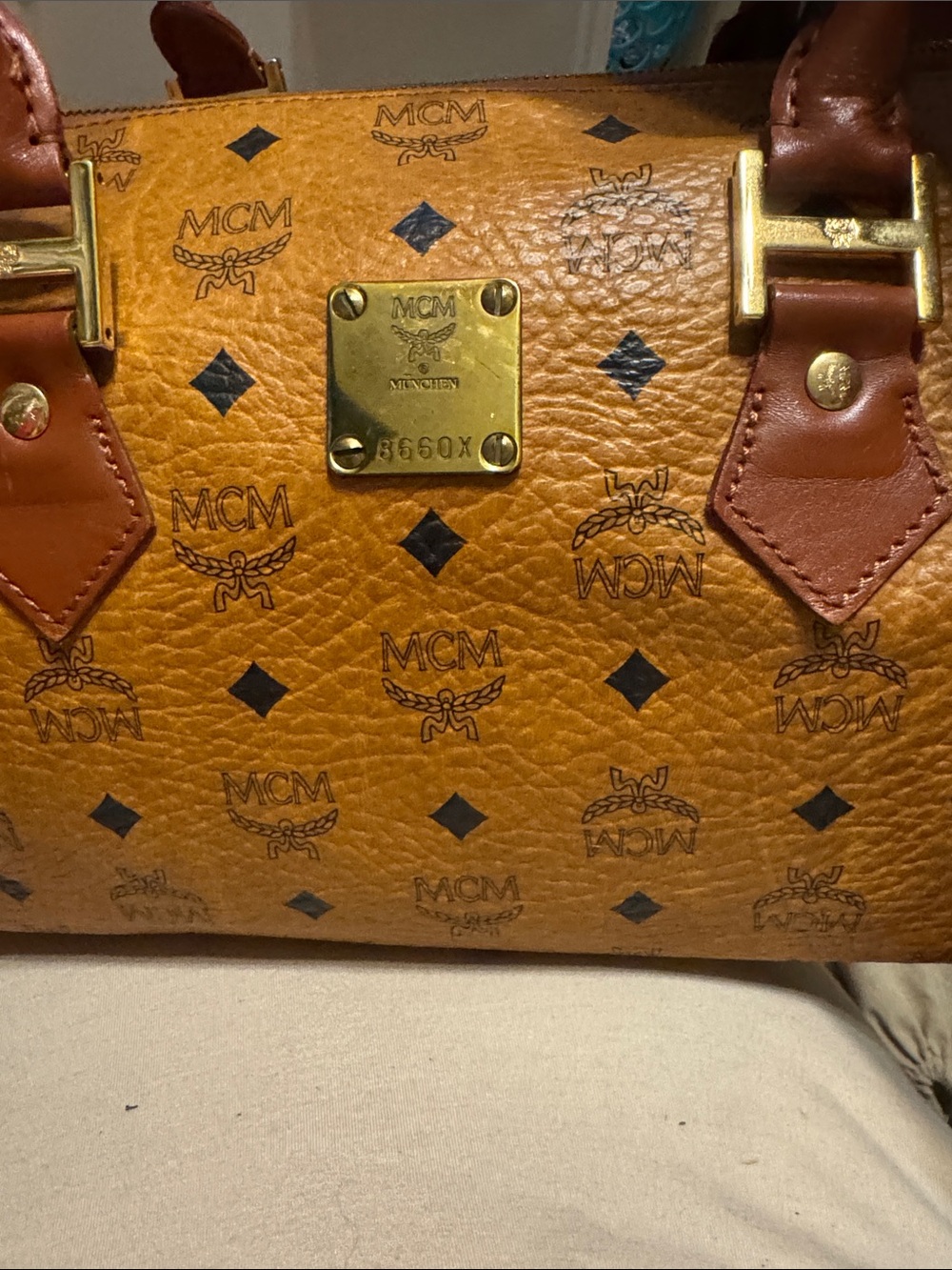 MCM Cognac Visetos Top-Handle Satchel with Gold Plaque